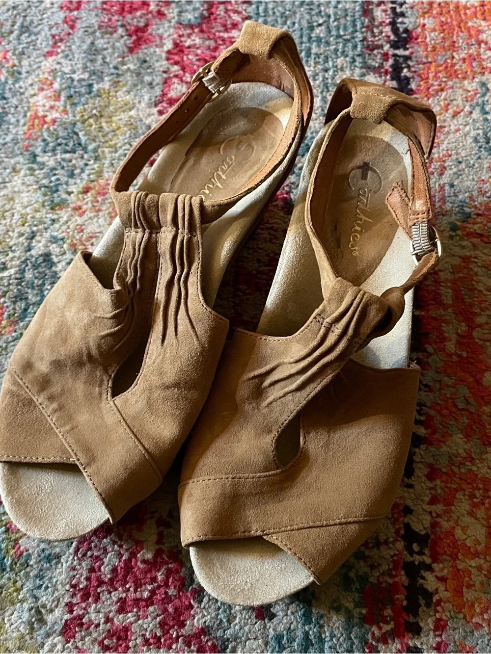 Earthies Tan Suede Open-Toe Wedge Sandals